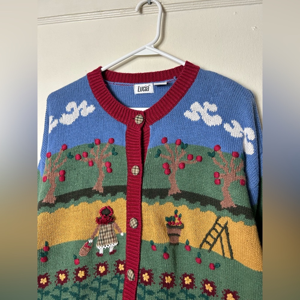 Vintage Lucia apple orchard farm intarsia knit cardigan womens XL novelty - Picture 2 of 7